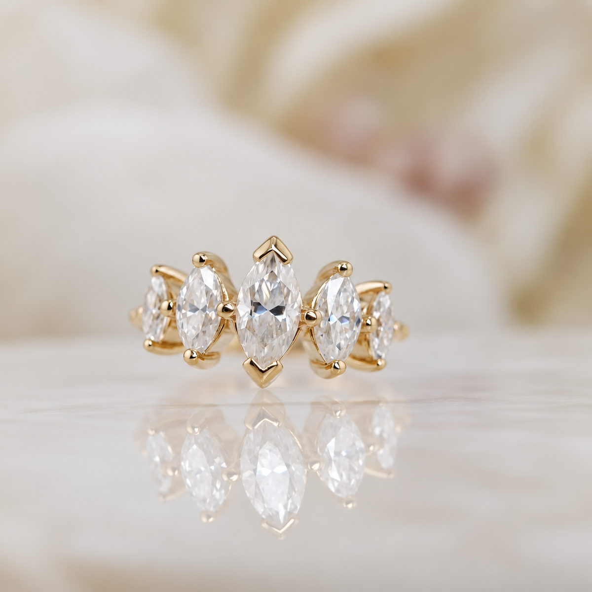Ember 14k "Velour" Seam Ring in 16g 5/16” yellow gold white marquise crystals