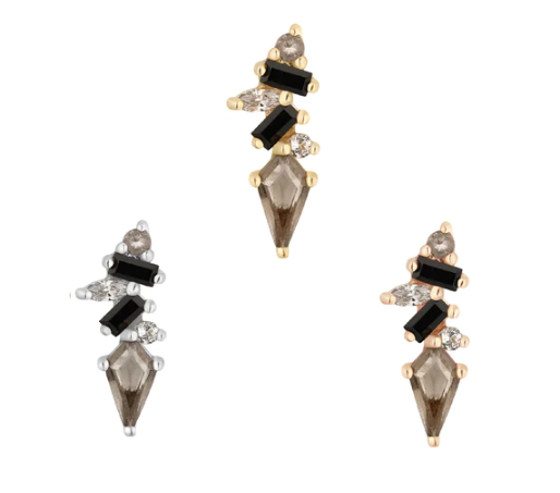Buddha Jewelry Organics 14k 3.5x9.5mm "Mixt" with Smokey Quartz and Black Spinel. THREADLESS in yellow white and rose gold stock image