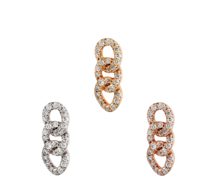 Stock image of Buddha Jewelry’s “Chainlink” in 14k yellow, white, and rose gold, featuring interlocking link designs adorned with genuine pavé diamonds.