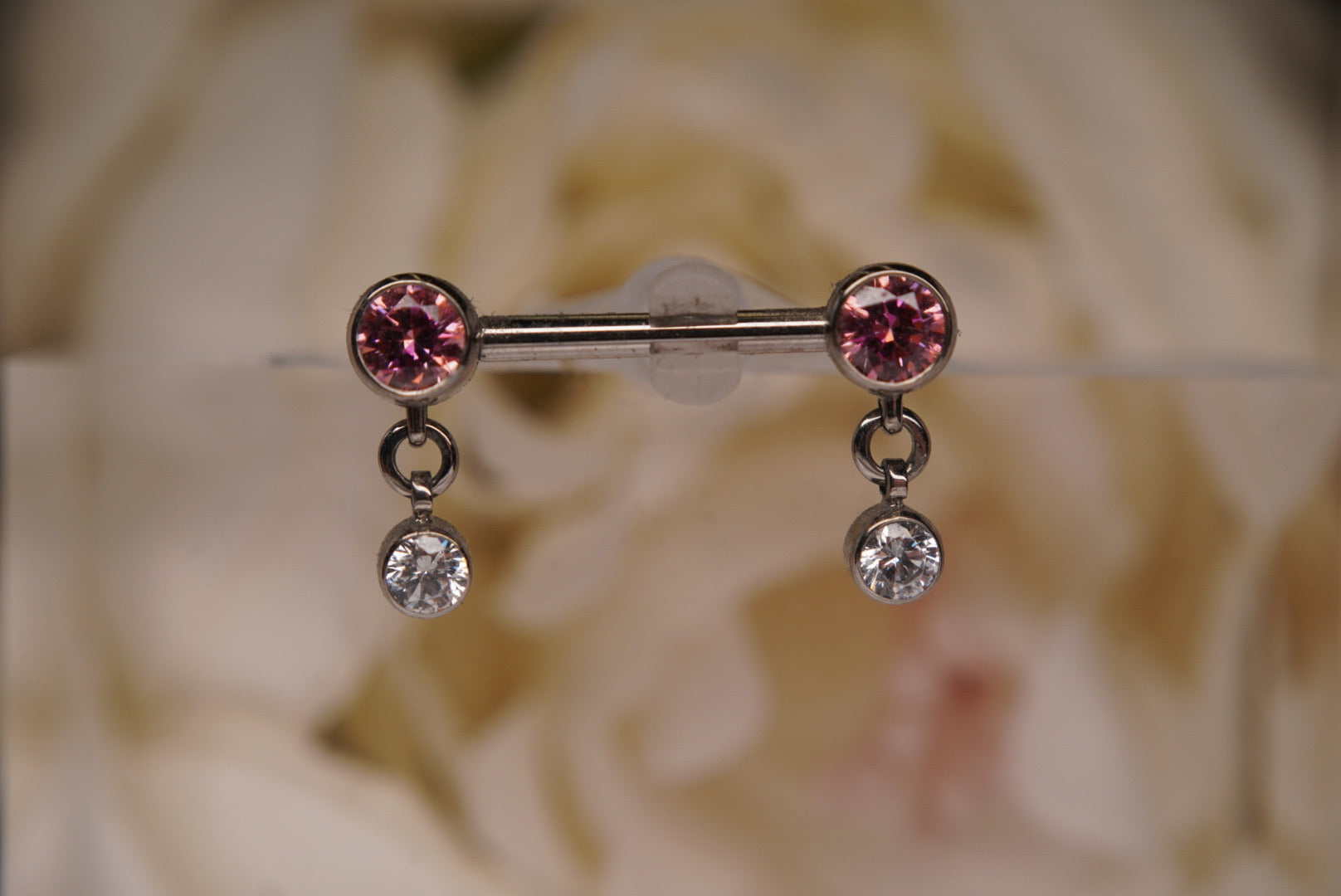 Hanging Nipple Barbell in Pink with White Crystals 14g 1/2" (PAIR)