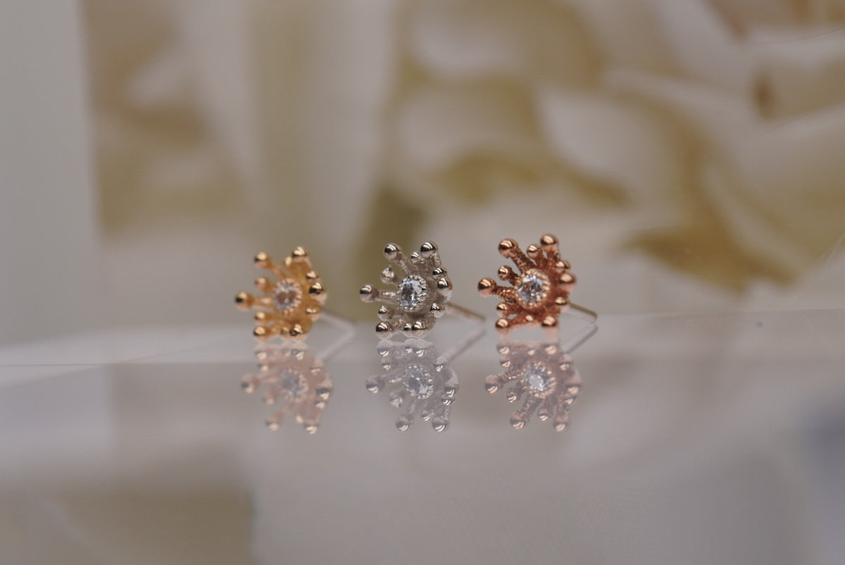 14k gold “Fire Star” threadless end in yellow, white, and rose gold, angled view