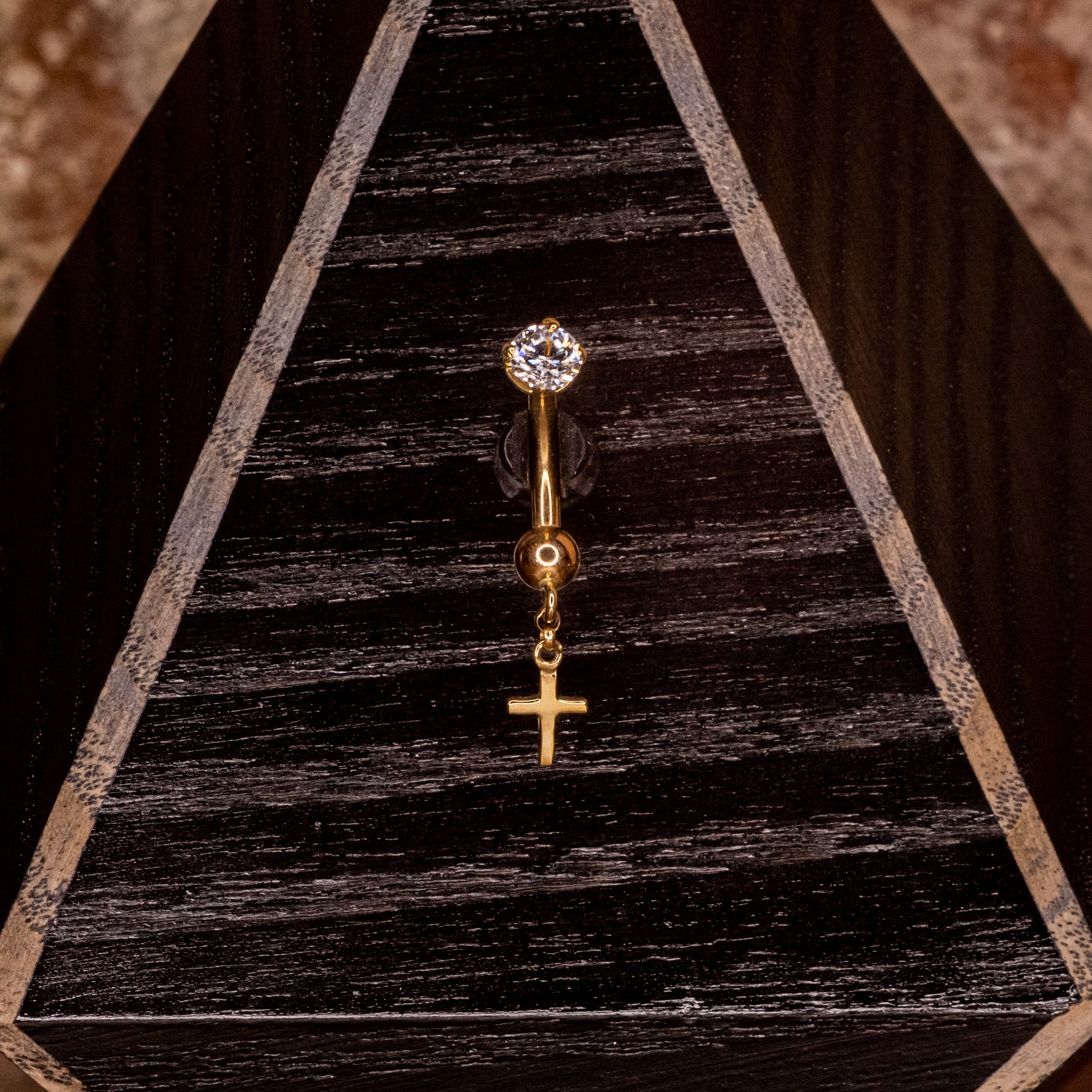 Cross Hanging Navel in Yellow Gold 14g 3/8"