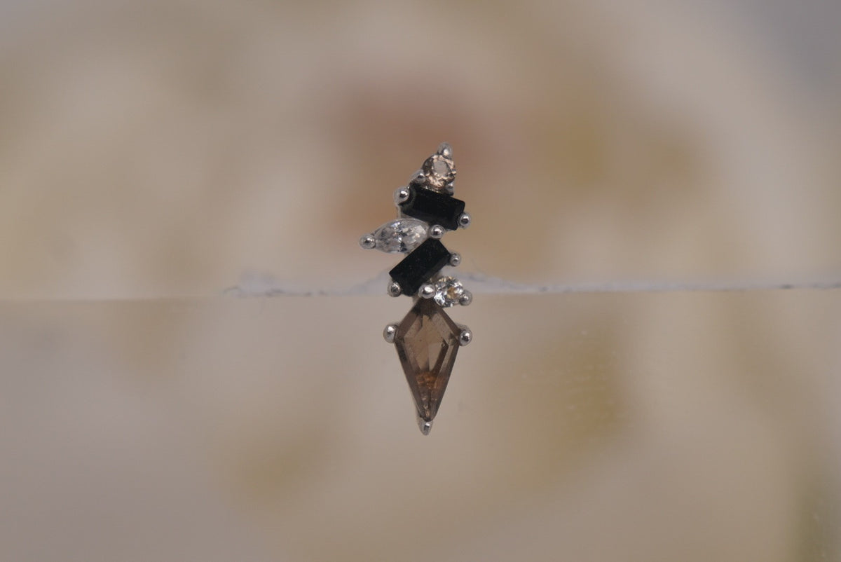 Buddha Jewelry Organics 14k 3.5x9.5mm "Mixt" with Smokey Quartz and Black Spinel. THREADLESS in white gold