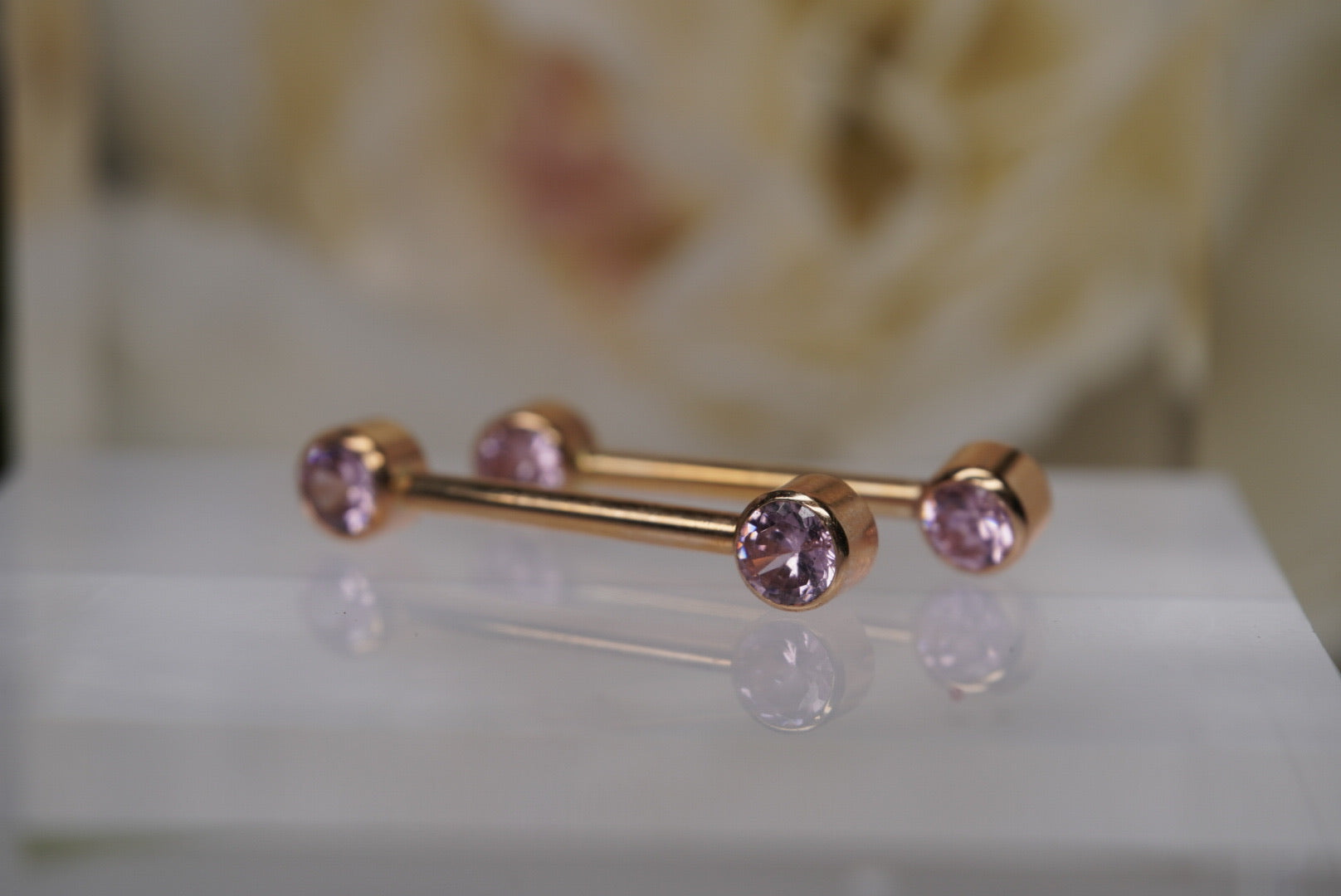 Pair of Pink Crystal Barbells in Yellow Gold