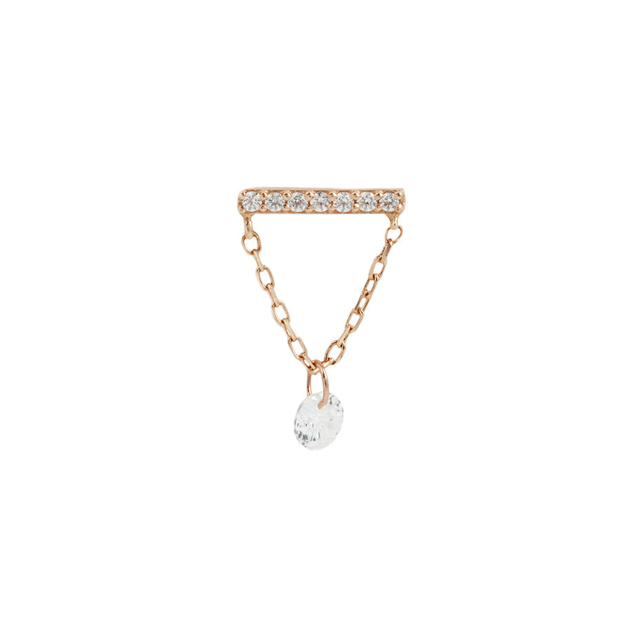 Stock image of Buddha Jewelry’s “Dolce” dangle in 14k rose gold, showing its sparkling bar, delicate chain, and light-catching drop.