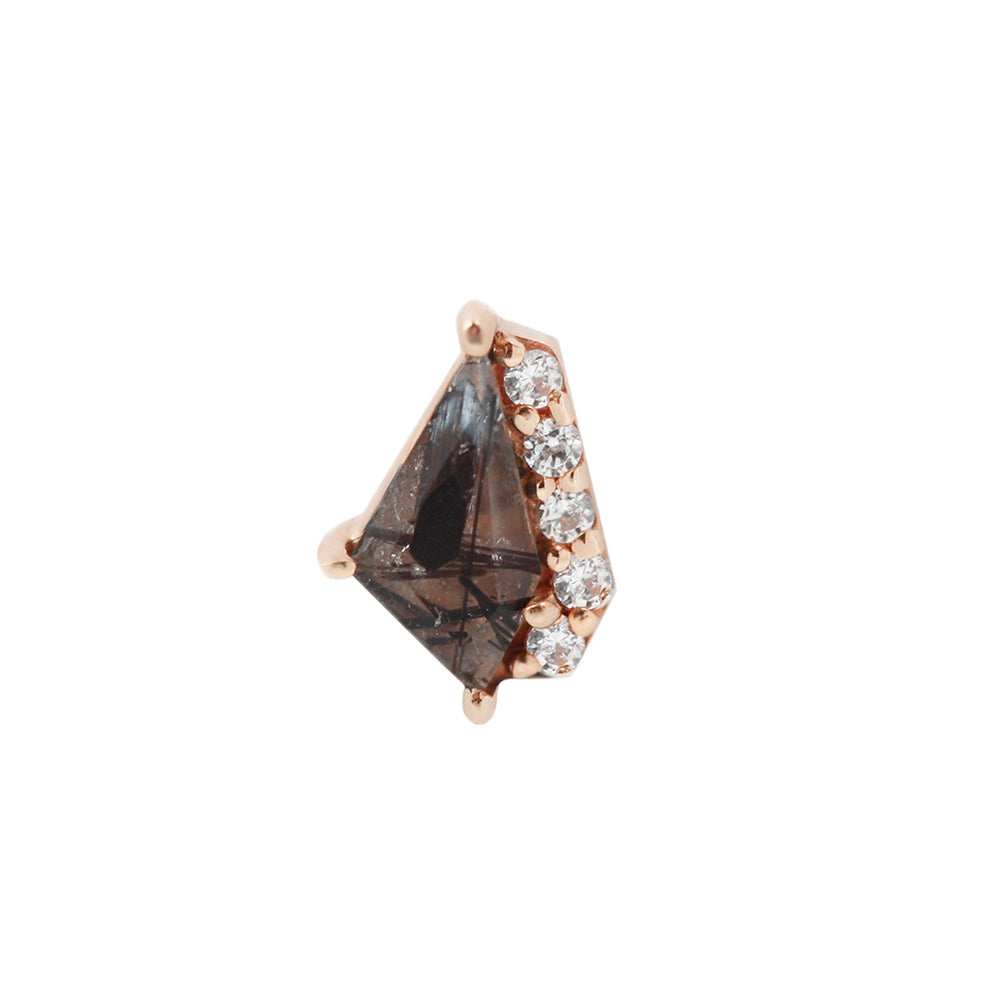 Stock image of Buddha Jewelry’s “Elevate” in 14k rose gold, showing its dark quartz inclusions and shimmering crystal details.