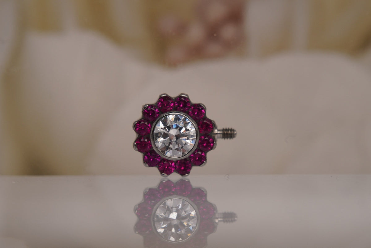 Industrial Strength 14g Implant Grade, Hand Polished Titanium Forward Facing Flower Nipple Barbell Ends in Red & White Crystals