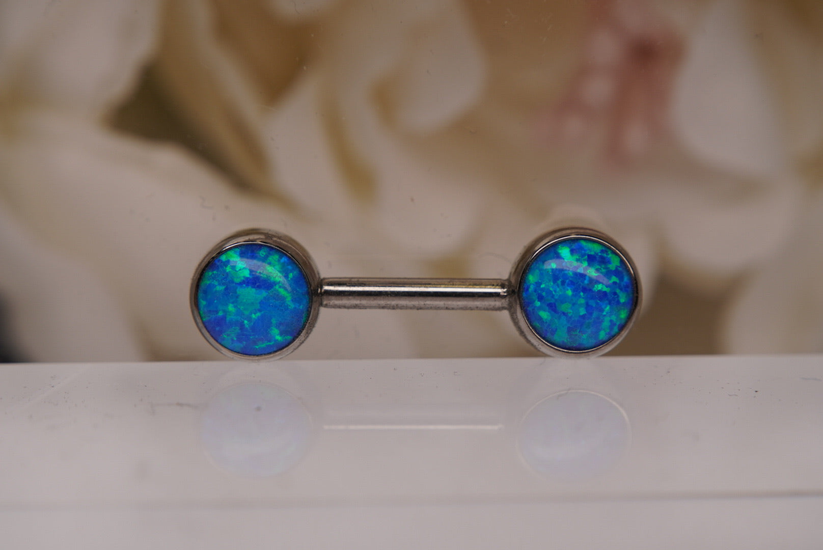 Capri Blue 6mm Opal Bezel Nipple Barbell in 14g