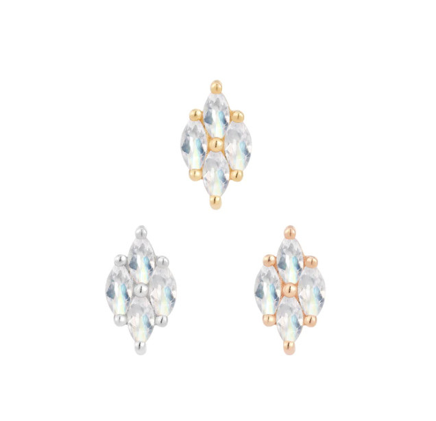 Stock image of Buddha Jewelry’s “Dream On” in 14k yellow, white, and rose gold, featuring elongated clusters of marquise-shaped rainbow moonstones.