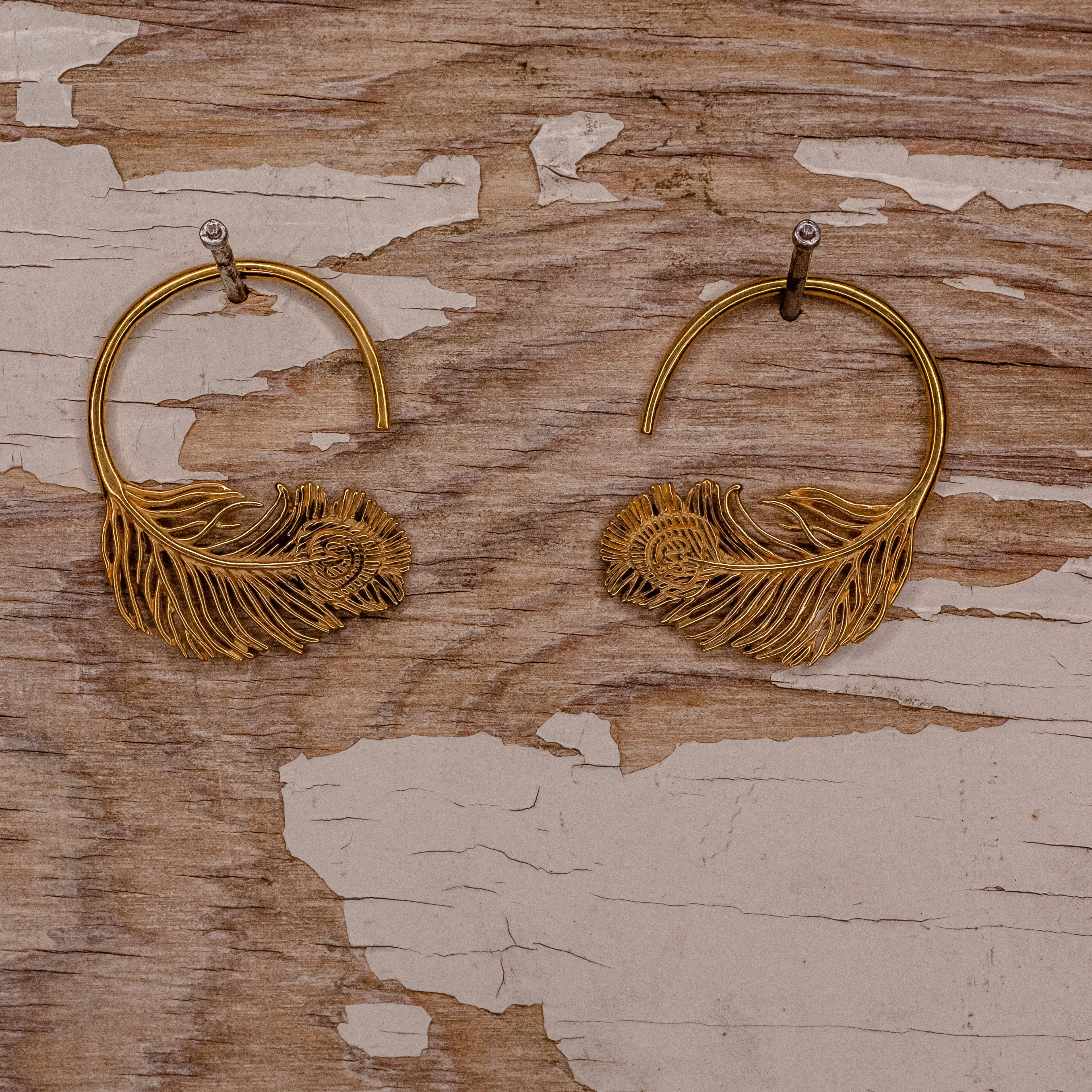 Peacock Feather Hoop-10g-Yellow Gold Plated