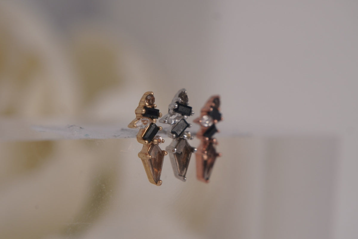 Buddha Jewelry Organics 14k 3.5x9.5mm "Mixt" with Smokey Quartz and Black Spinel. THREADLESS in yellow white and rose gold