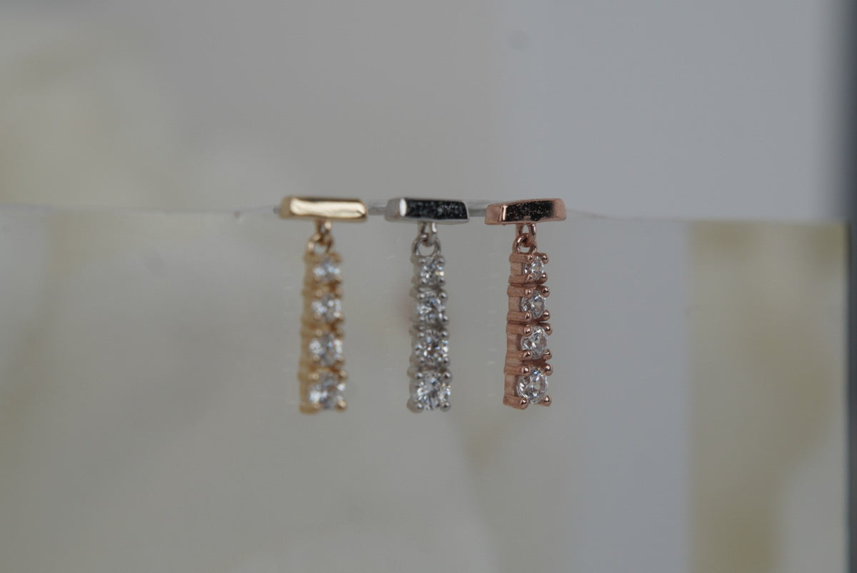 Ember 14k "Requiem" threadless in yellow gold white gold rose gold white crystals dangle