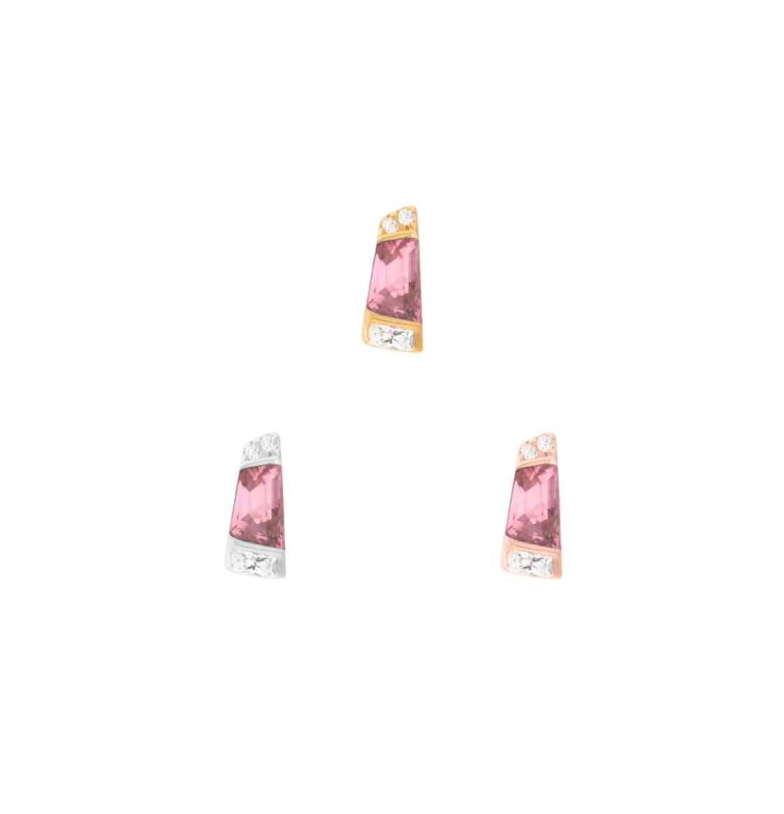 Stock image of Buddha Jewelry’s “Saboteur” with Pink Tourmaline in 14k yellow, white, and rose gold, featuring a tapered baguette gemstone and mixed crystal details.