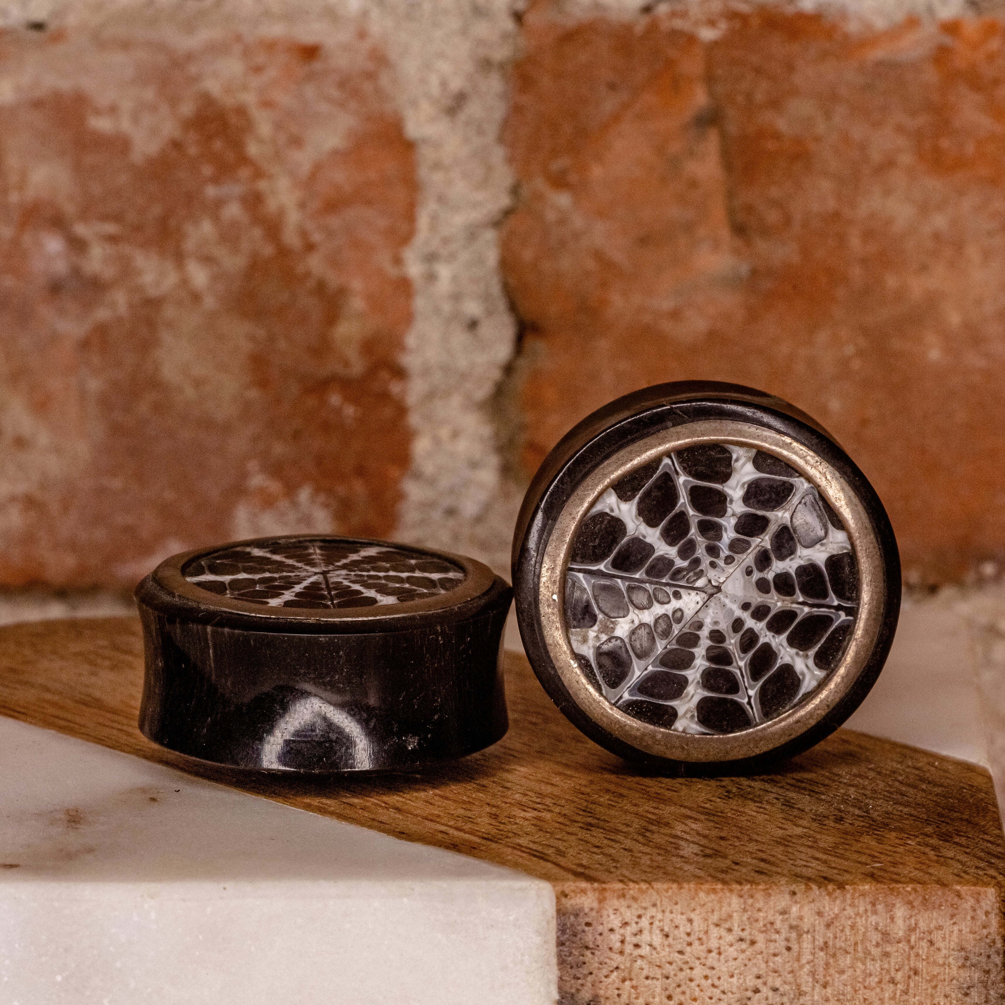 Black & White Shell Inlay Plugs- 1 1/4" ID 1 5/16" OD