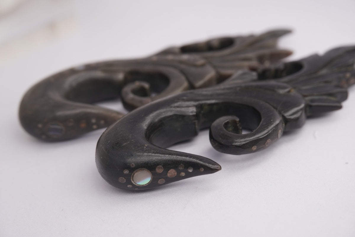 Photo of Blackened Wood Hangers with Abalone- 1/2" to show detail on side