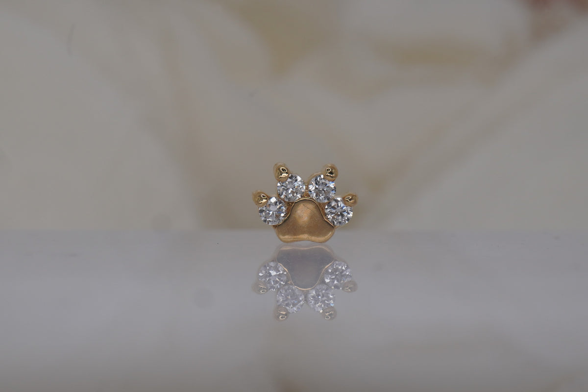 Paw Print with Genuine Lab Grown Diamonds threadless 18k yellow gold industrial strength