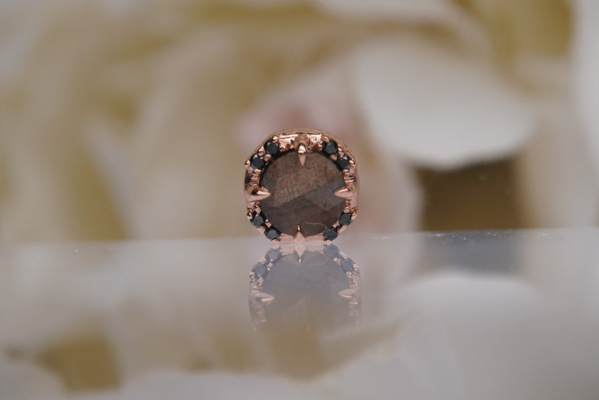 The Galaxia is a stunning prong setting with a custom rose-cut Zawadi Sapphire surrounded by eight 0.8mm genuine black diamonds threadless Yellow gold white gold rose gold