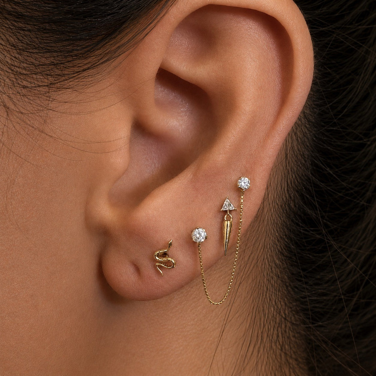 yellow gold earlobe piercing single box chain saint dangle threadless
