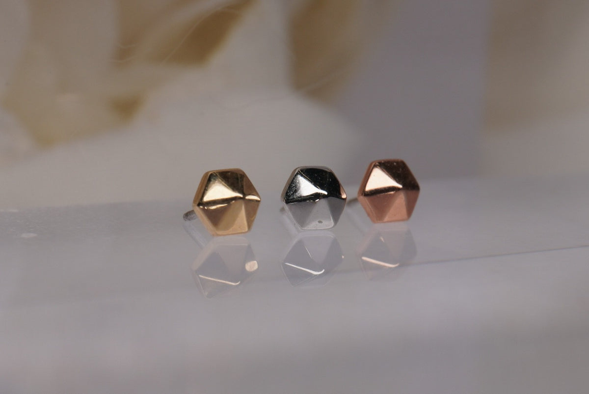 Tether 14k GOLD 3.2mm diameter "Hex Stud" in Threadless Yellow gold white gold rose gold