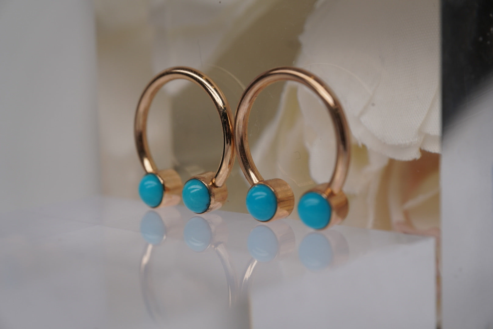 Pair of Circular Barbell in Yellow Gold with Turquoise Gems- 14g 1/2"