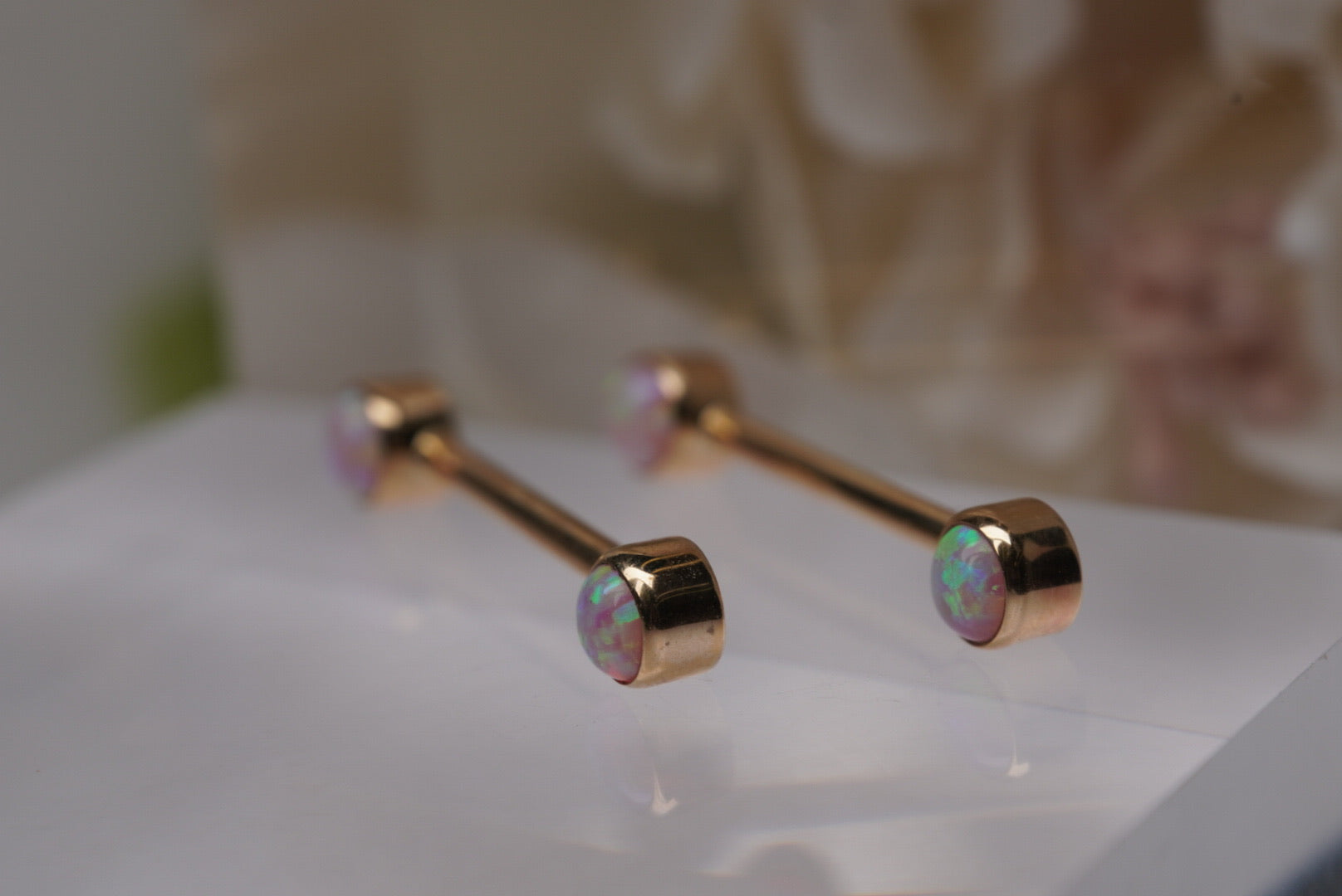 Pair of Pink Opal Barbells in Yellow Gold