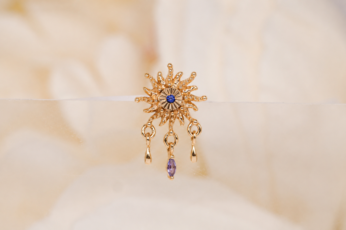 Soleil threadless end by Buddha Jewelry blue sapphire sun dangle yellow white rose gold