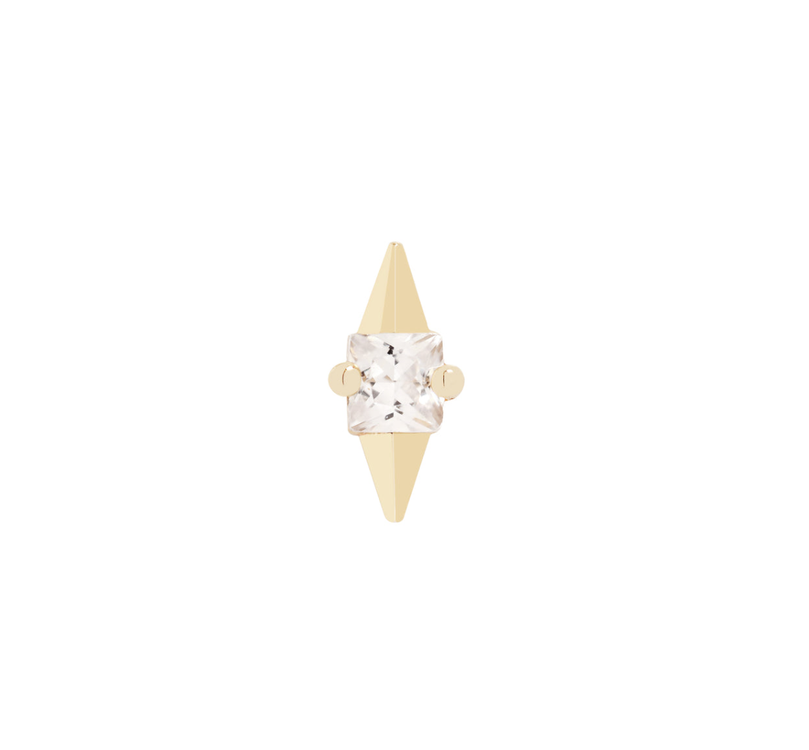 Stock image of Buddha Jewelry’s “Elemental” in 14k yellow gold, showing its central square-cut crystal and opposing polished points.