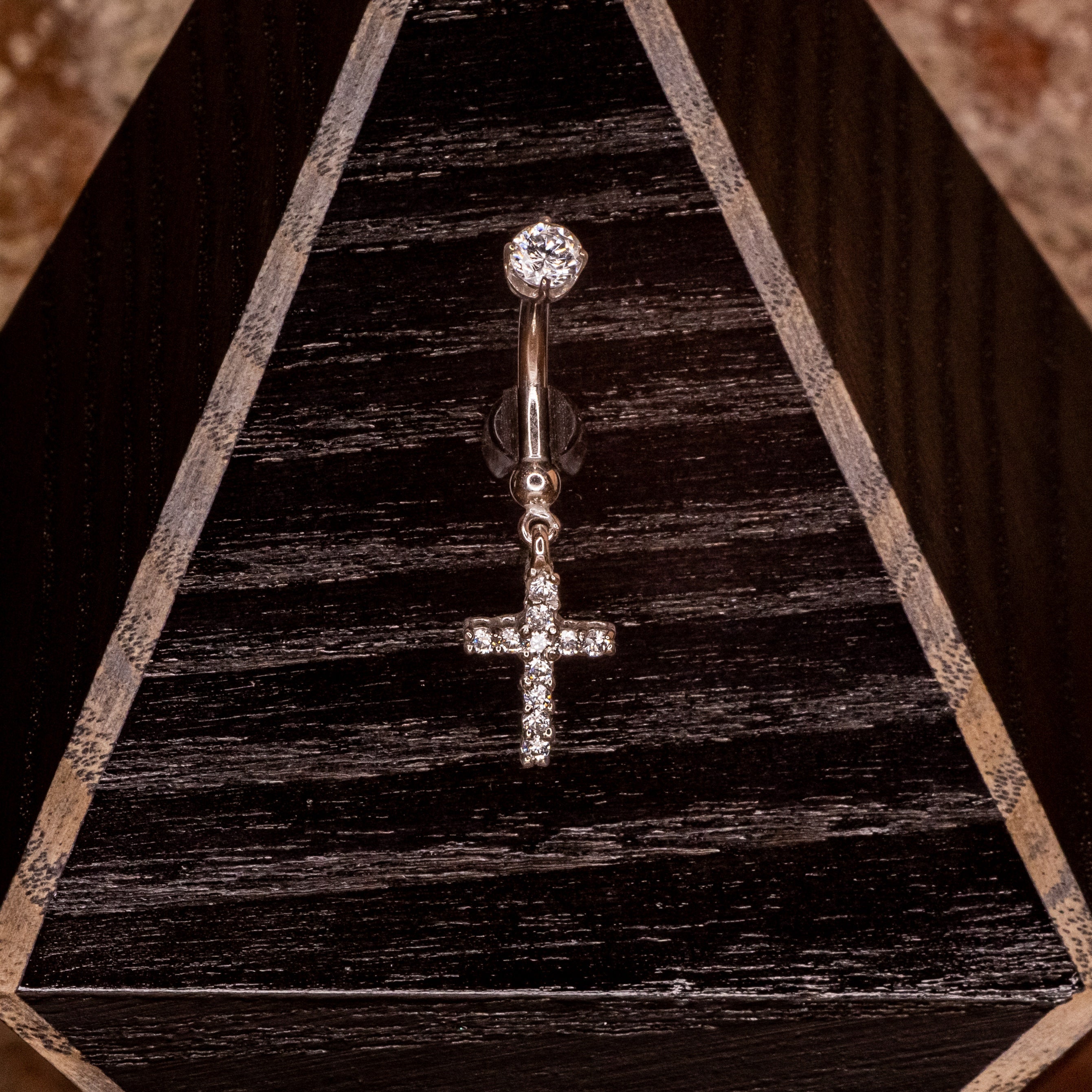 Cross Hanging Navel in White Gold 14g 3/8"
