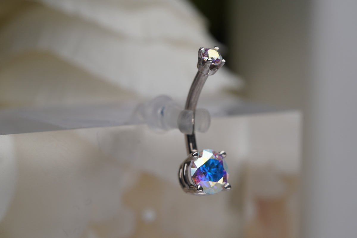 Aurora Borealis Prong Navel in White Gold side view