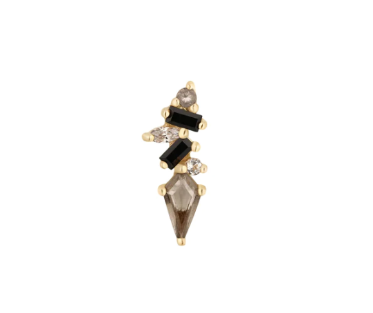 Buddha Jewelry Organics 14k 3.5x9.5mm "Mixt" with Smokey Quartz and Black Spinel. THREADLESS in yellow gold stock image