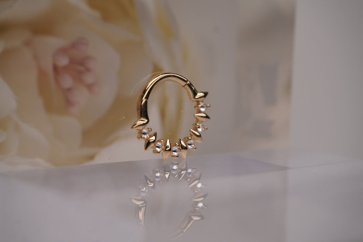 Angled view showing the reverse-set crystals and spike details.