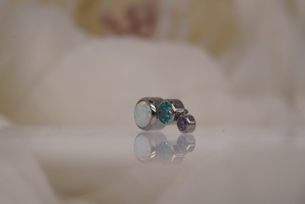 Industrial Strength 9x4mm 3-Gem in White Opal, Mint Green, and Lavender 16/18g THREADED angled