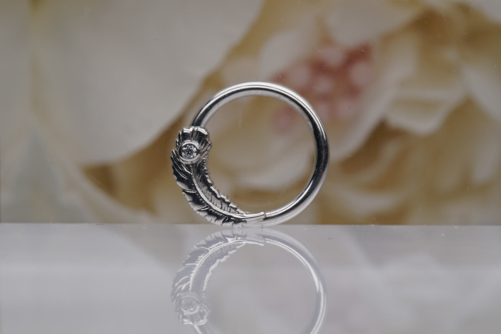Feather Seam Ring with White Crystal