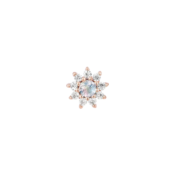 Stock image of Buddha Jewelry’s “Eloise” in 14k rose gold, showing its iridescent moonstone center and delicate white sapphire petals.