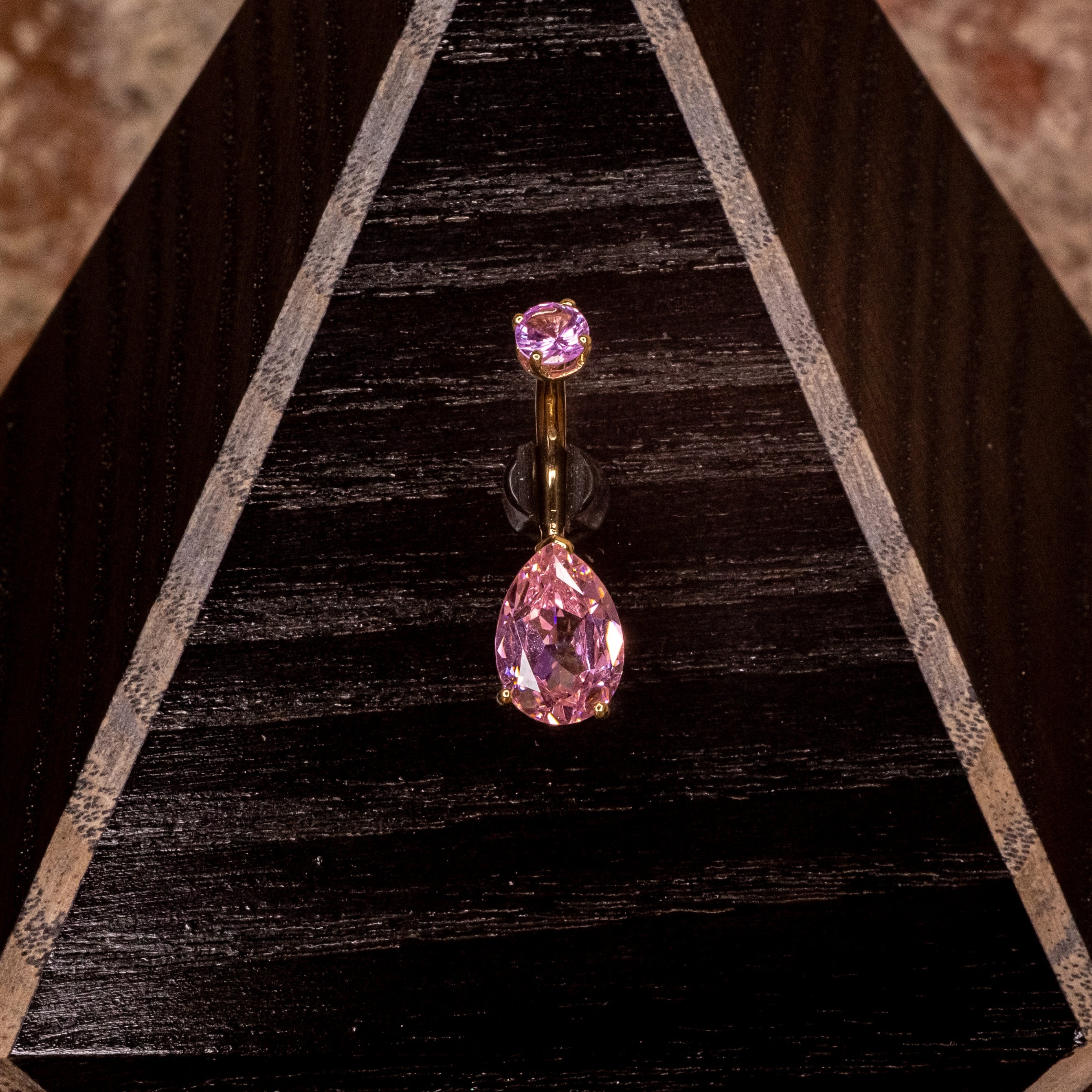 Pear Cut Pink Swarovski Crystal in Yellow Gold Navel 14g 3/8"