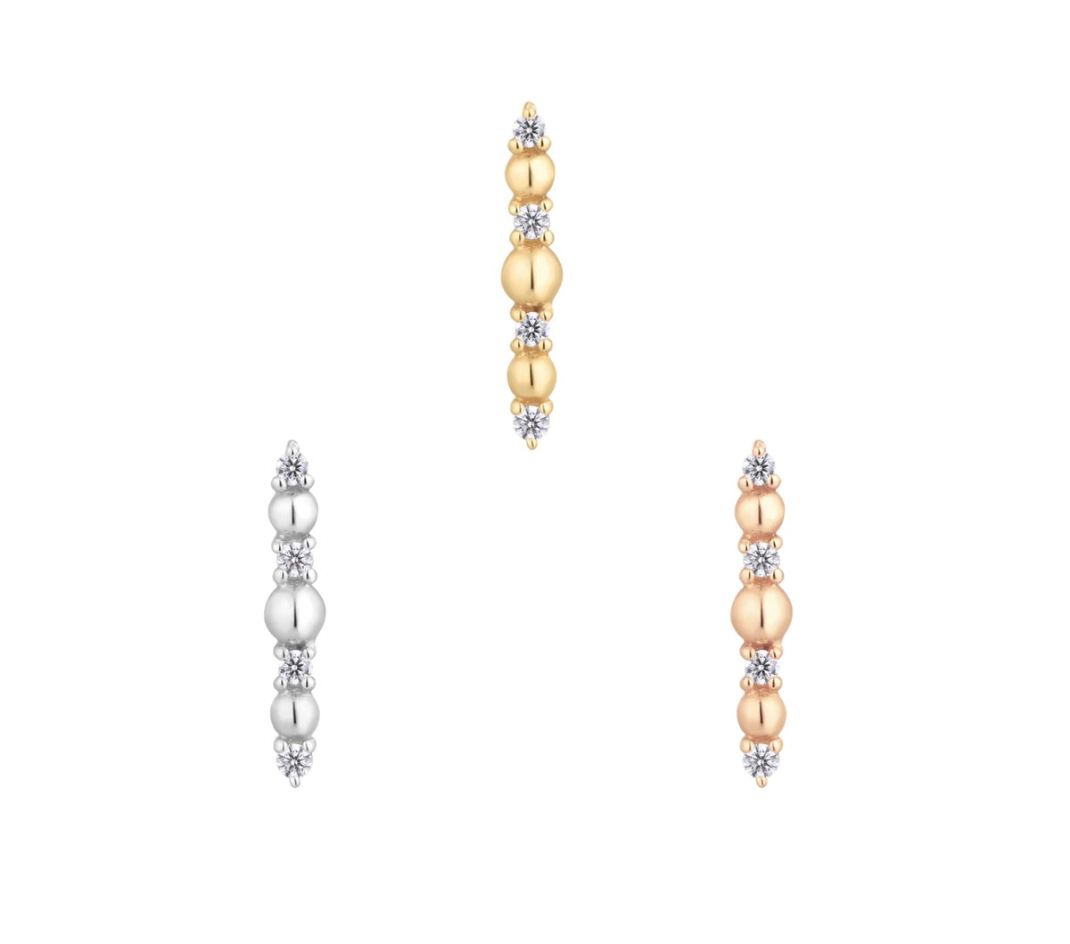 Stock image of Buddha Jewelry’s “Chance” in 14k yellow, white, and rose gold, featuring linear arrangements of polished beads and sparkling crystals.