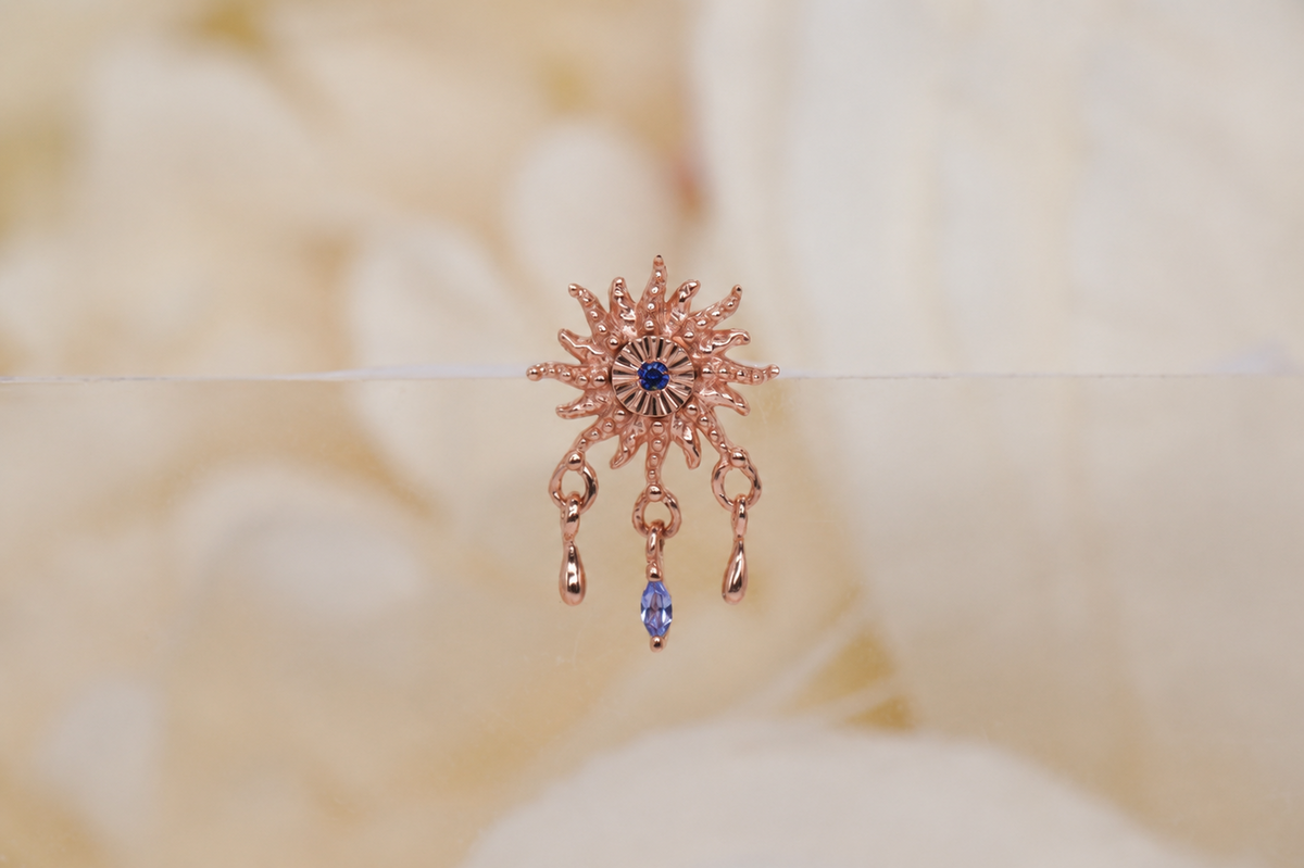 Soleil threadless end by Buddha Jewelry blue sapphire sun dangle yellow white rose gold