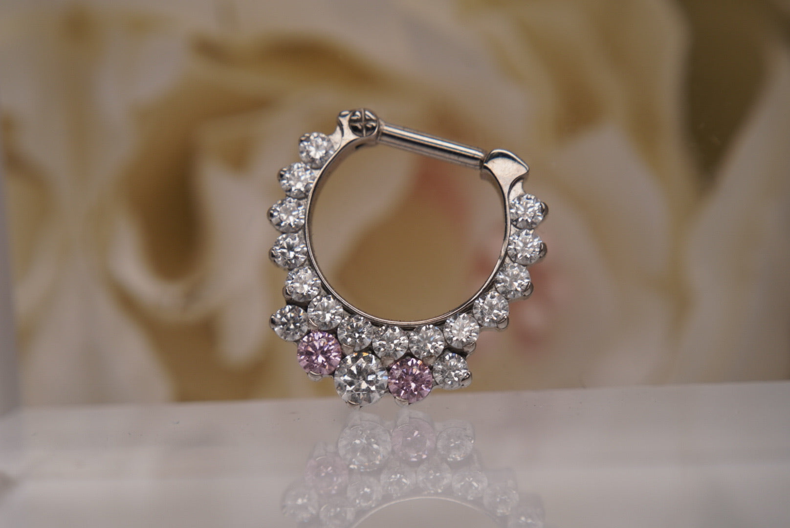 19 Gem White with Pink Crystal Clicker in 16g