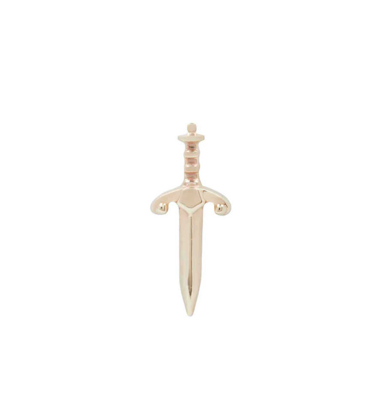 Stock image of Buddha Jewelry’s “Blade” in 14k rose gold, showing its elongated sword silhouette and sculptural details.