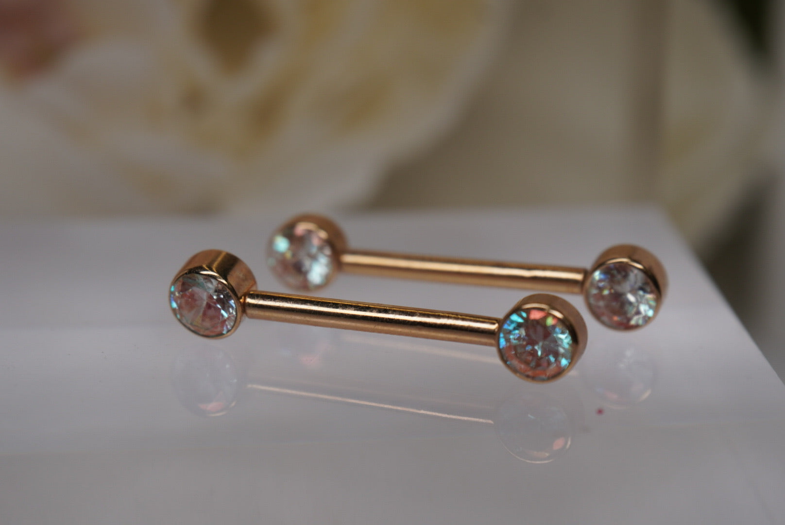 Pair of Iridescent Crystal Barbells in Yellow Gold
