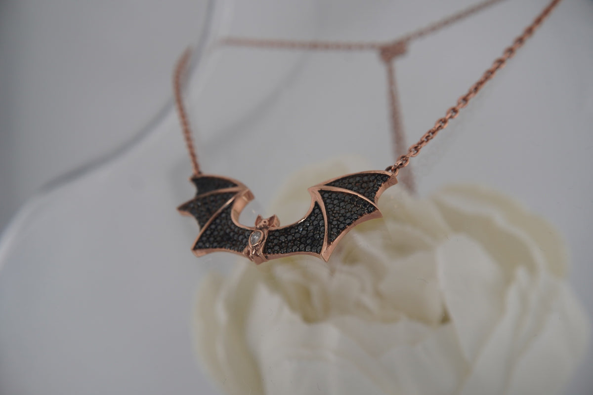 Sid the Bat Necklace with Genuine Black and White Diamonds Rose Gold