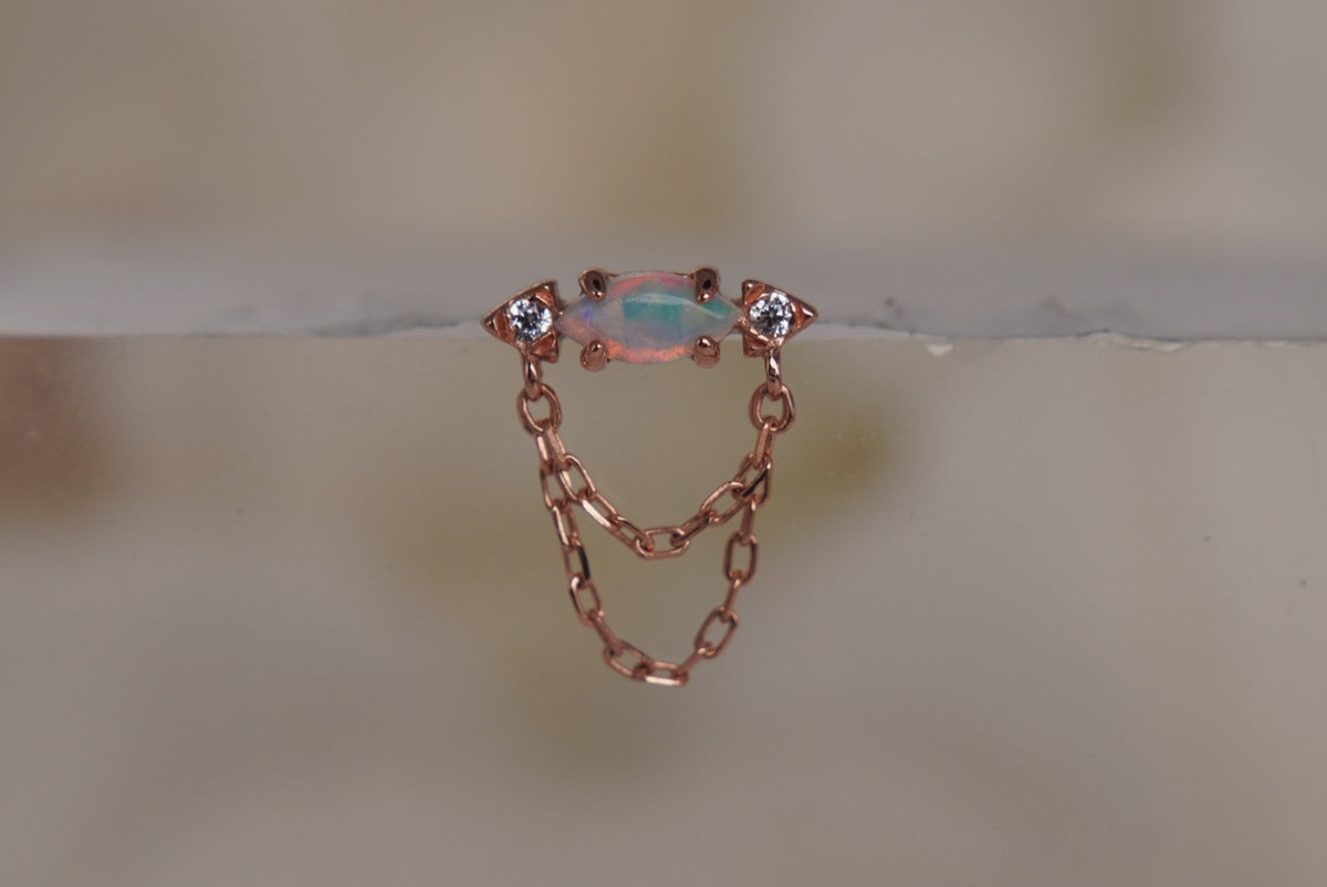 Buddha Jewelry Organics 14k GOLD 9x7mm "Limitless” with a double chain dangle with a Genuine Australian Opal in rose gold