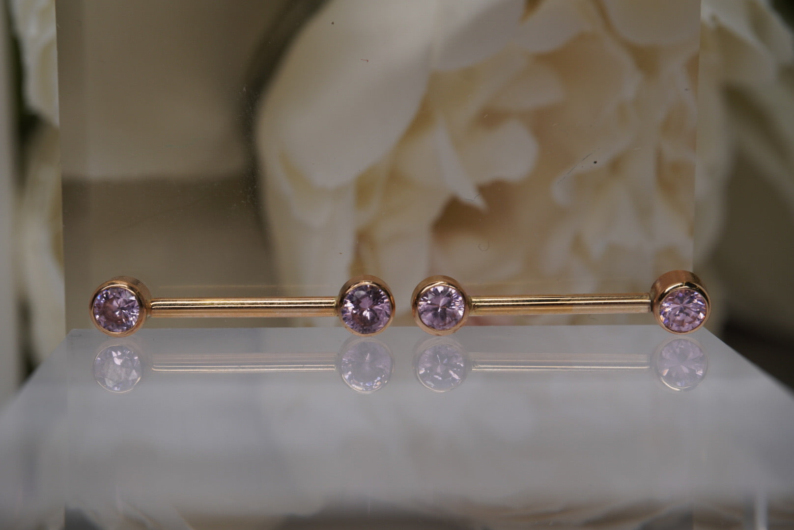 Pair of Pink Crystal Barbells in Yellow Gold