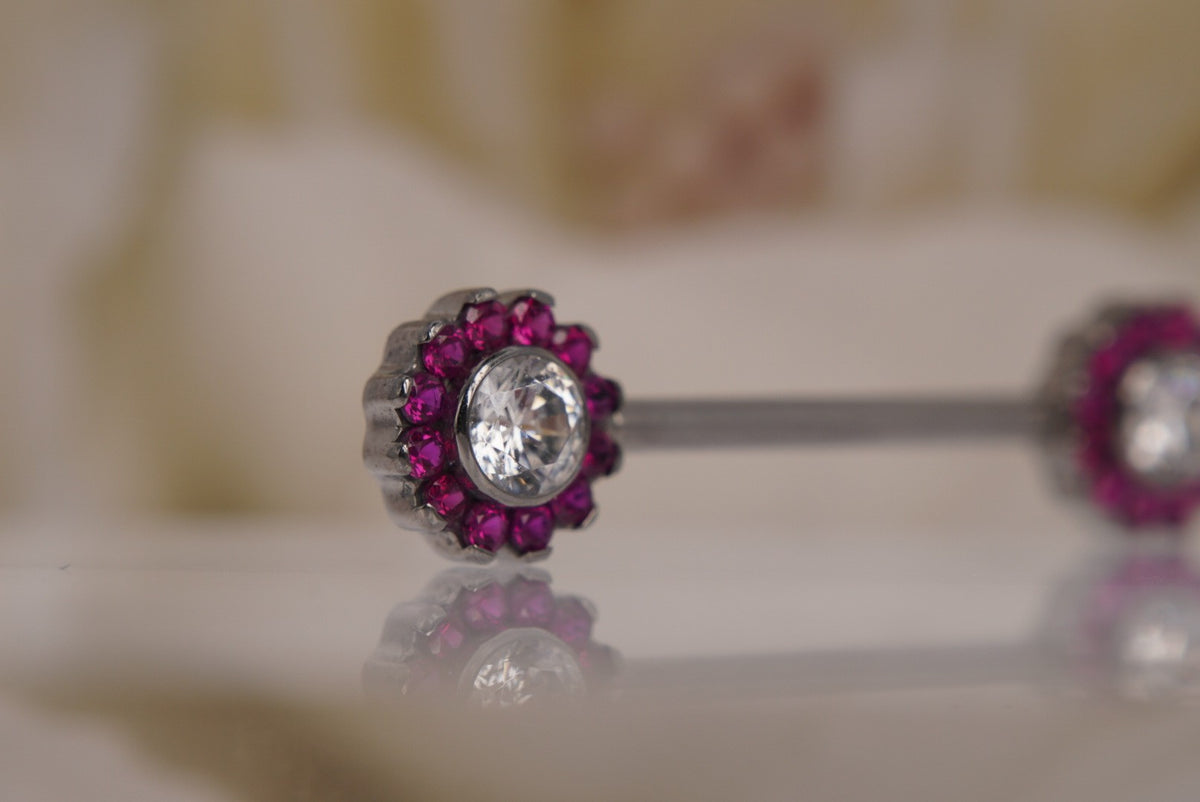 Industrial Strength 14g Implant Grade, Hand Polished Titanium Forward Facing Flower Nipple Barbell Ends in Red & White Crystals