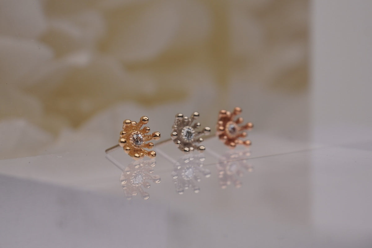 14k gold “Fire Star” threadless end in yellow, white, and rose gold, side view