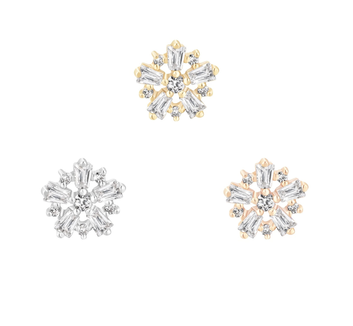Stock image of Audacious in yellow, white, and rose gold, showing all three finishes together.