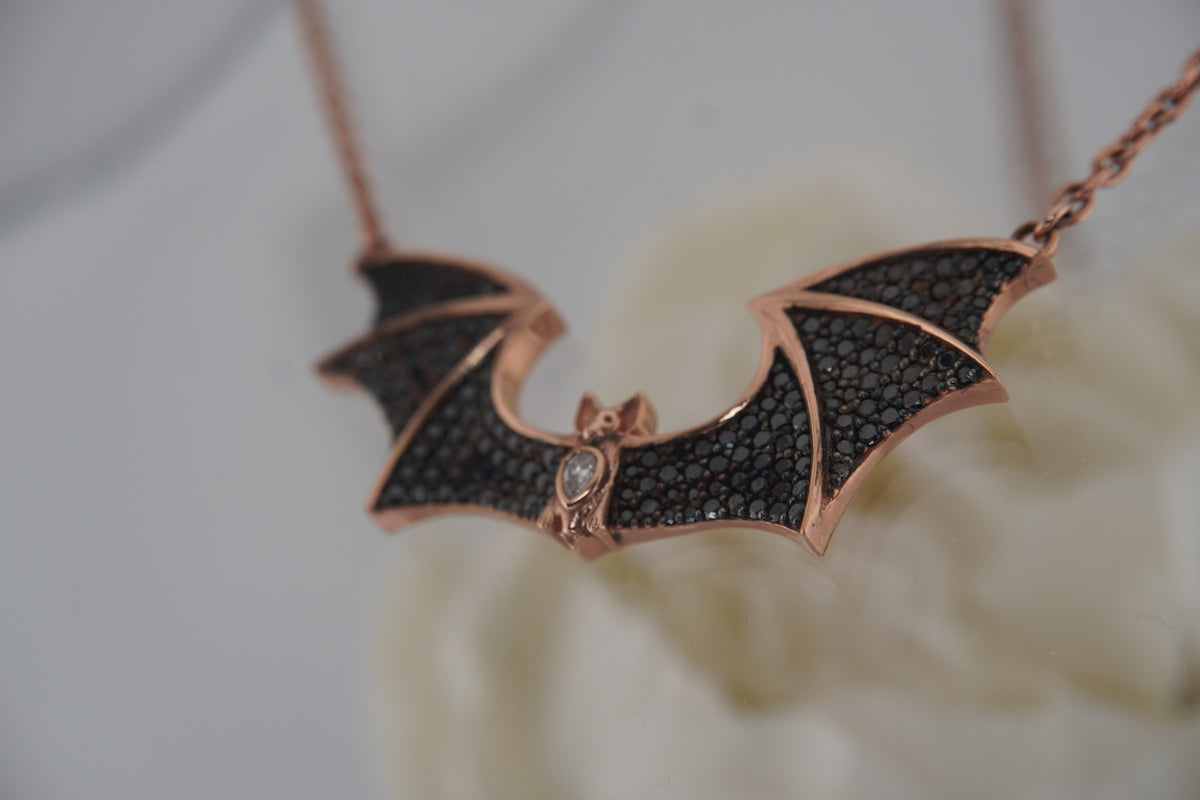 Sid the Bat Necklace with Genuine Black and White Diamonds Rose Gold