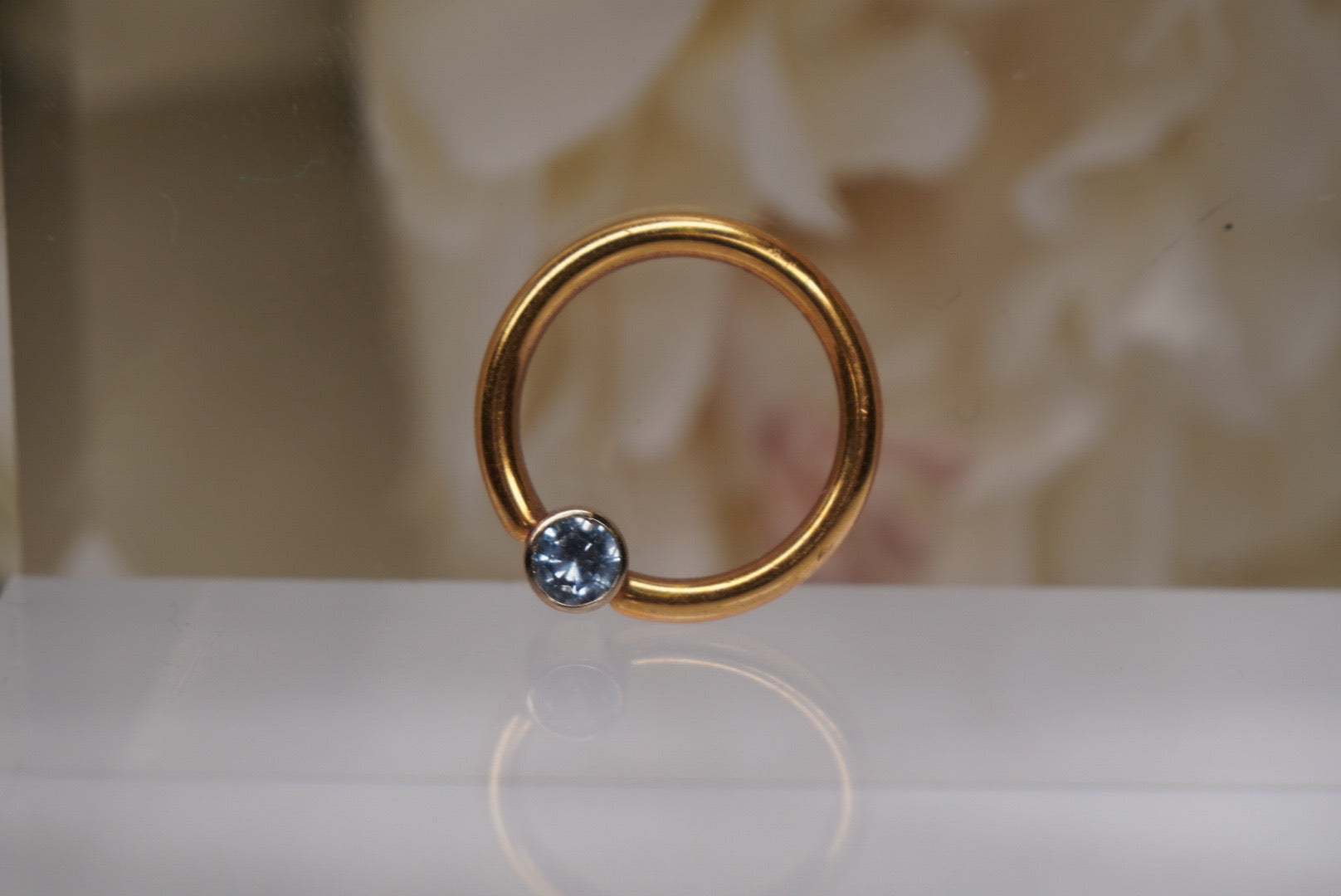 Rose Gold Fixed Bead Ring with Light Blue Gem - 14g