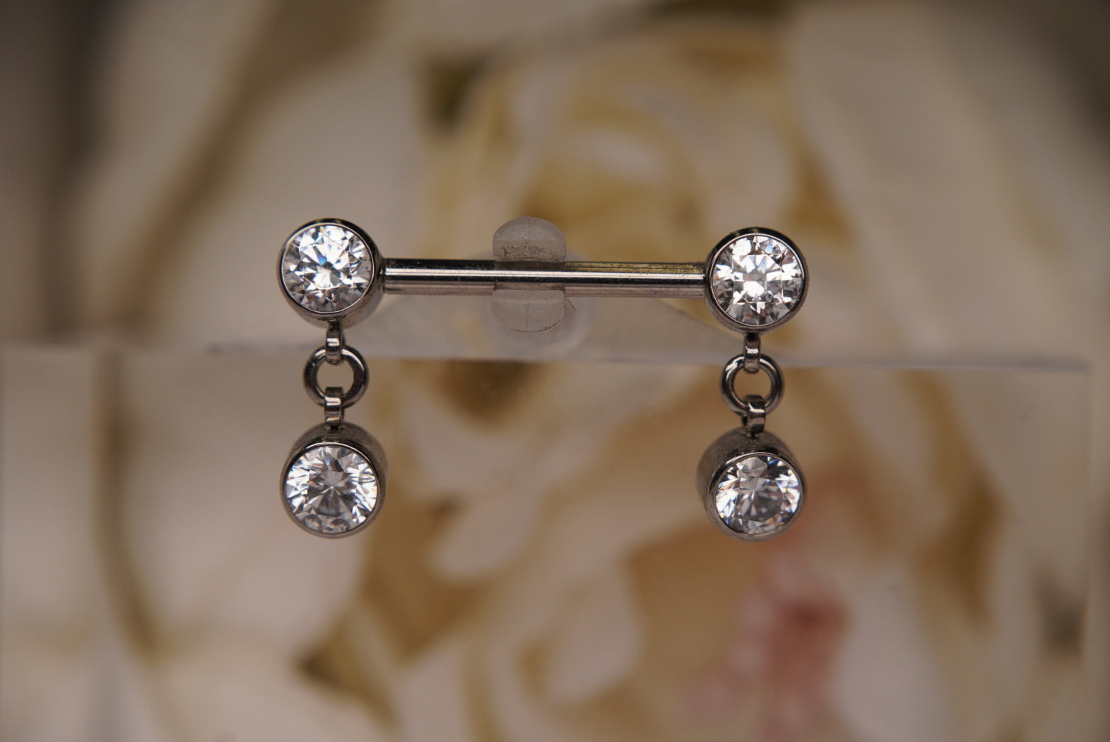 Hanging Nipple Barbell in White Crystals 14g 9/16"
