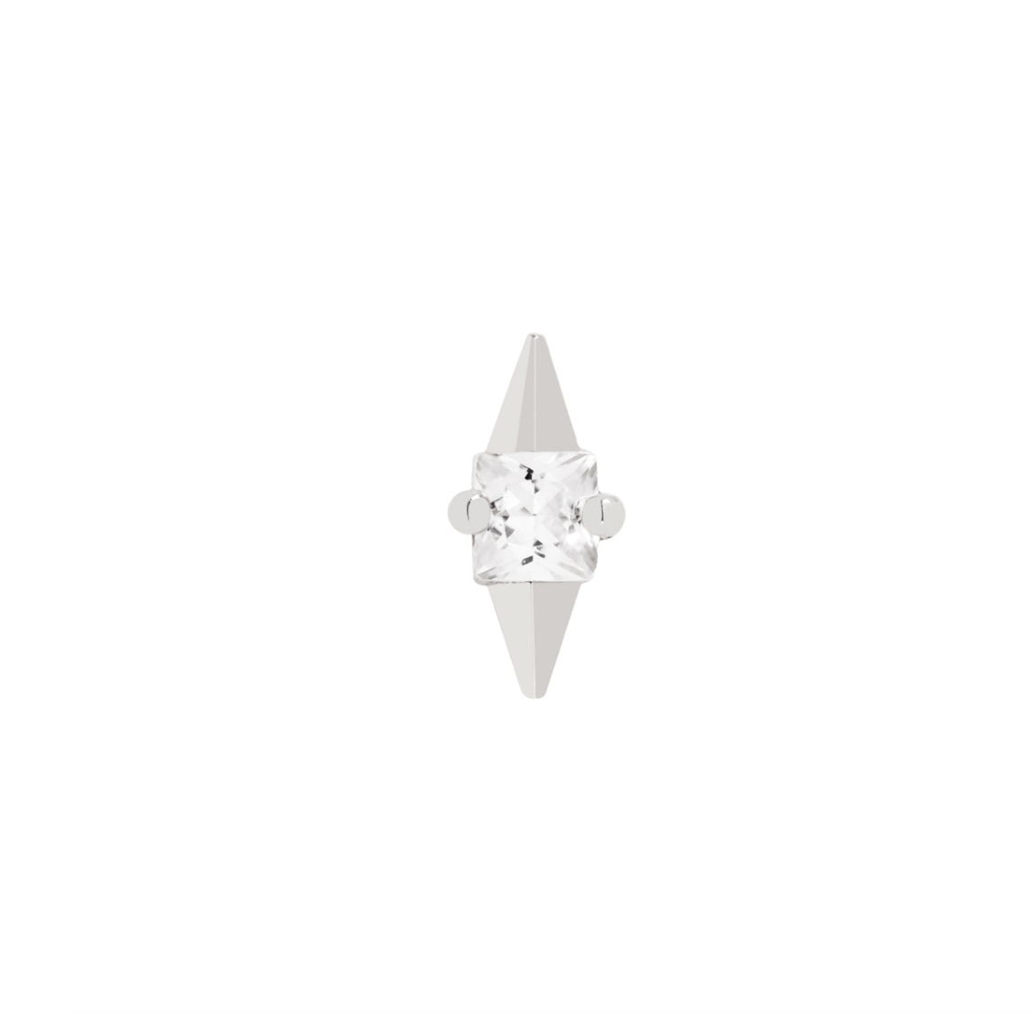 Stock image of Buddha Jewelry’s “Elemental” in 14k white gold, showing its central square-cut crystal and opposing polished points.